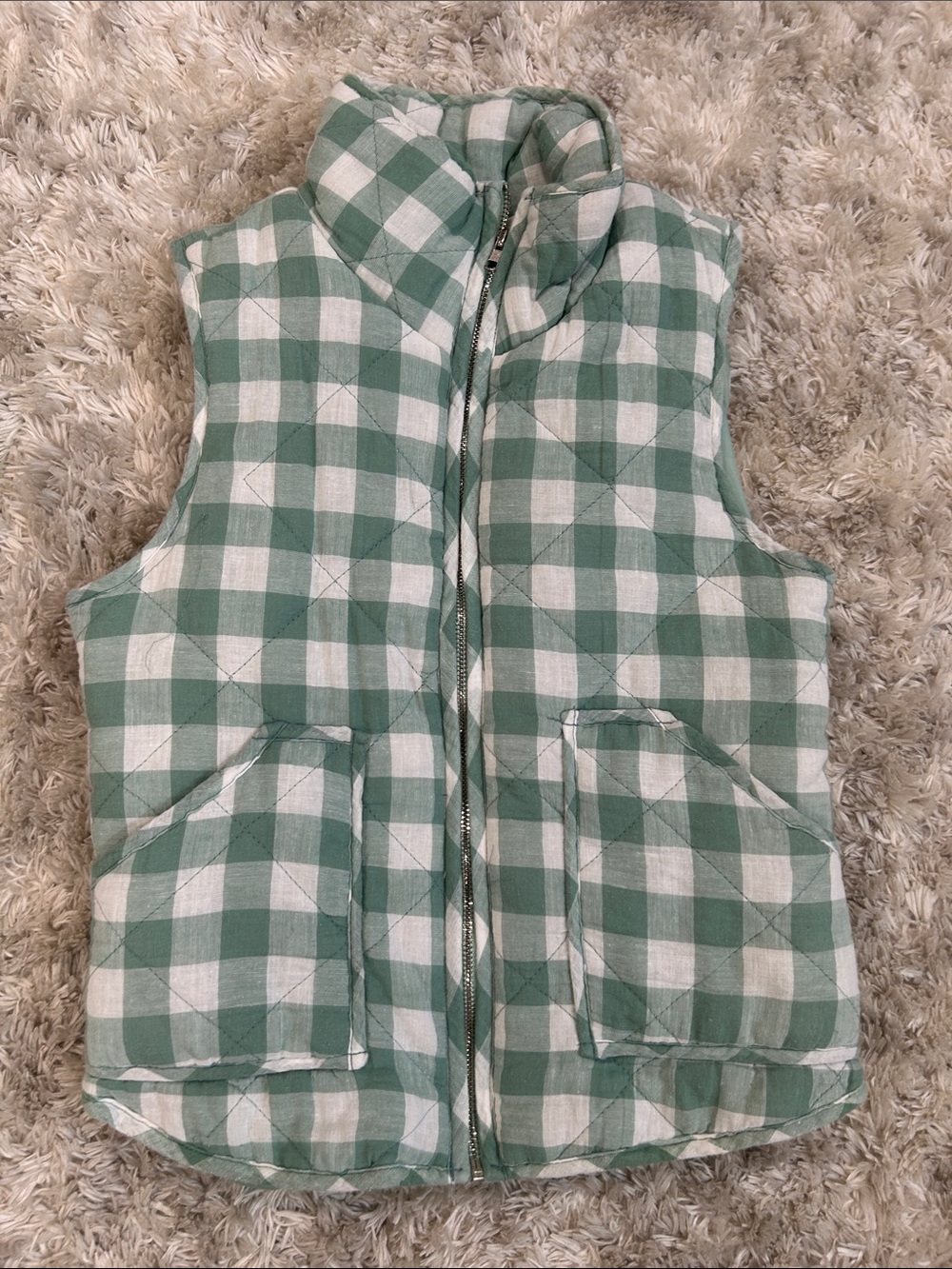 Peach Love California Green & White Quilted Check Puffer Vest